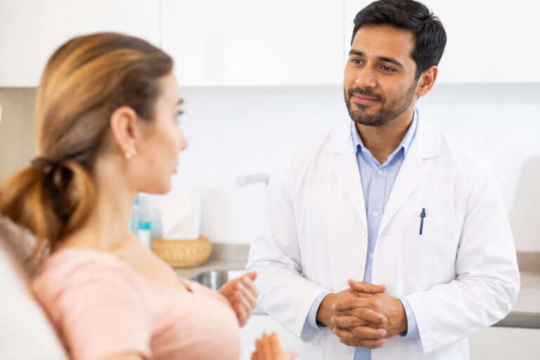 Doctor consulting with a patient about Smart Lipo timing and positioning after breast augmentation.