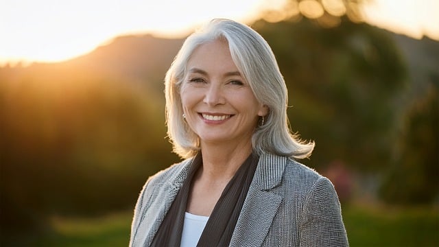 Smiling mature woman representing natural-looking facelift results for the lower face and neck in Palm Beach Gardens.